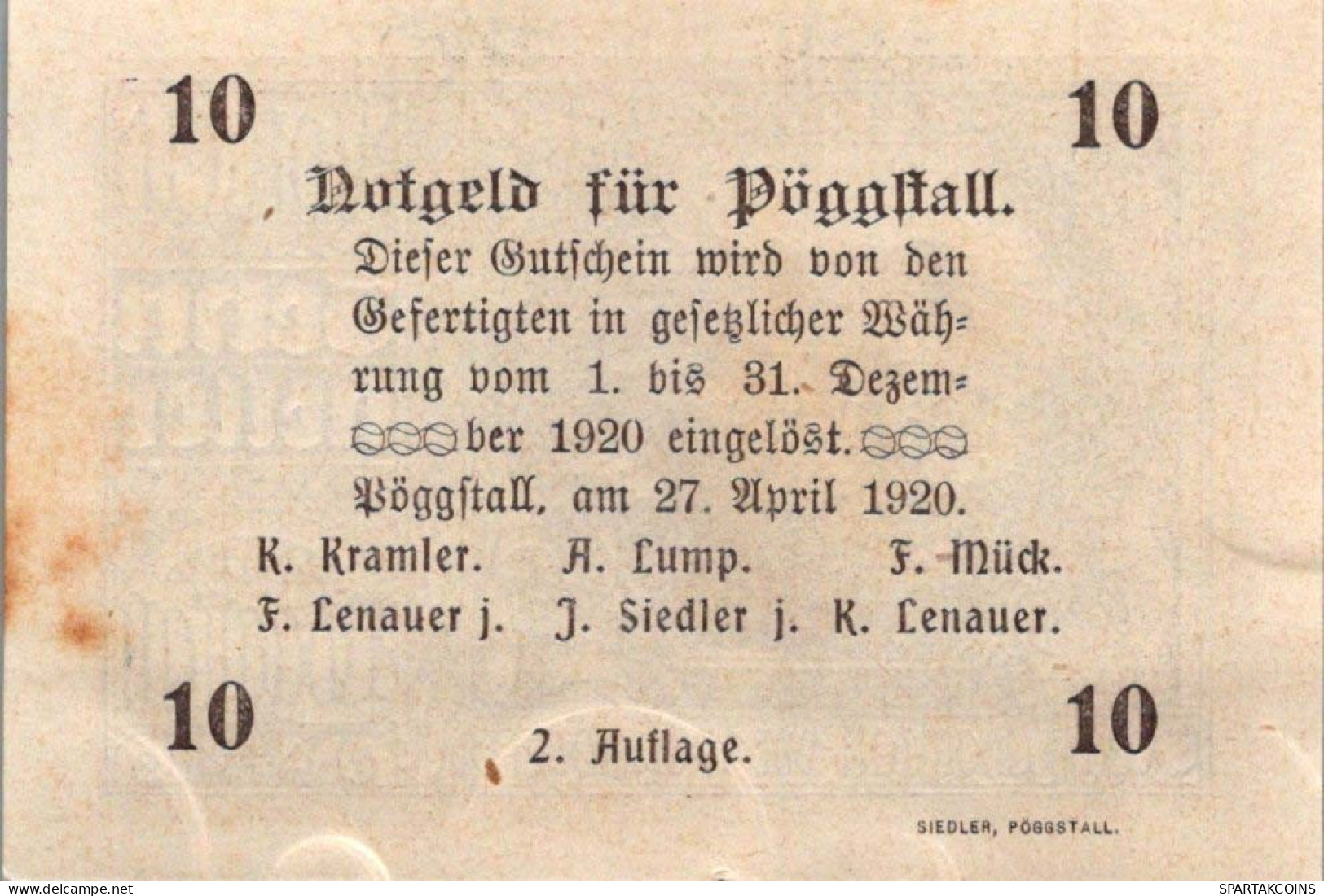 10 HELLER 1920 Stadt PoGGSTALL Niedrigeren Österreich Notgeld Banknote #PE252 - [11] Lokale Uitgaven