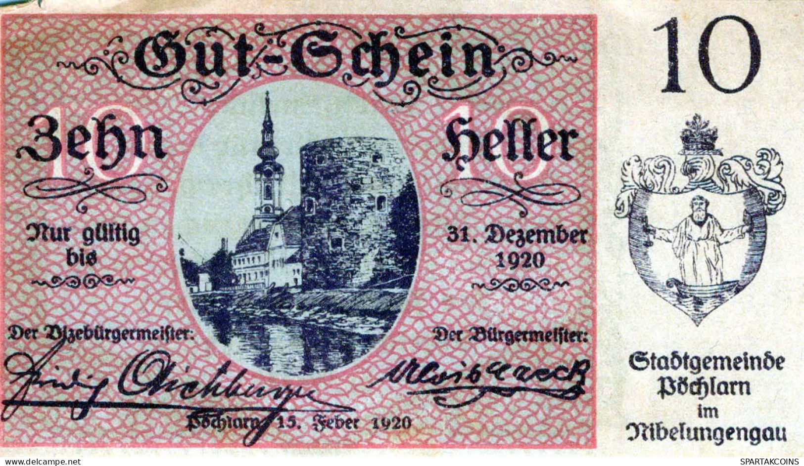 10 HELLER 1920 Stadt PoCHLARN Niedrigeren Österreich Notgeld Banknote #PE414 - [11] Emissioni Locali