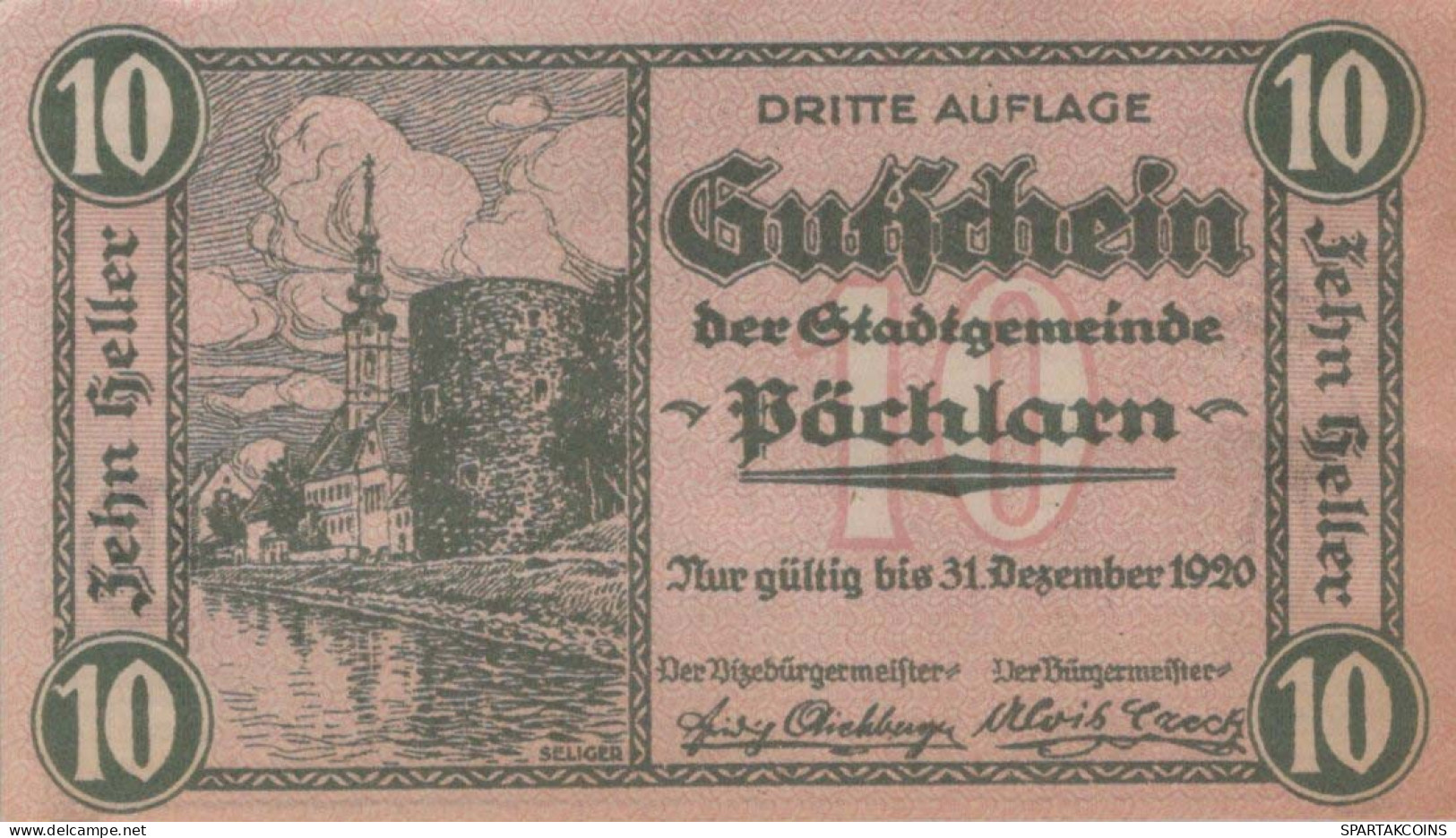 10 HELLER 1920 Stadt PoCHLARN Niedrigeren Österreich Notgeld Banknote #PE360 - Lokale Ausgaben