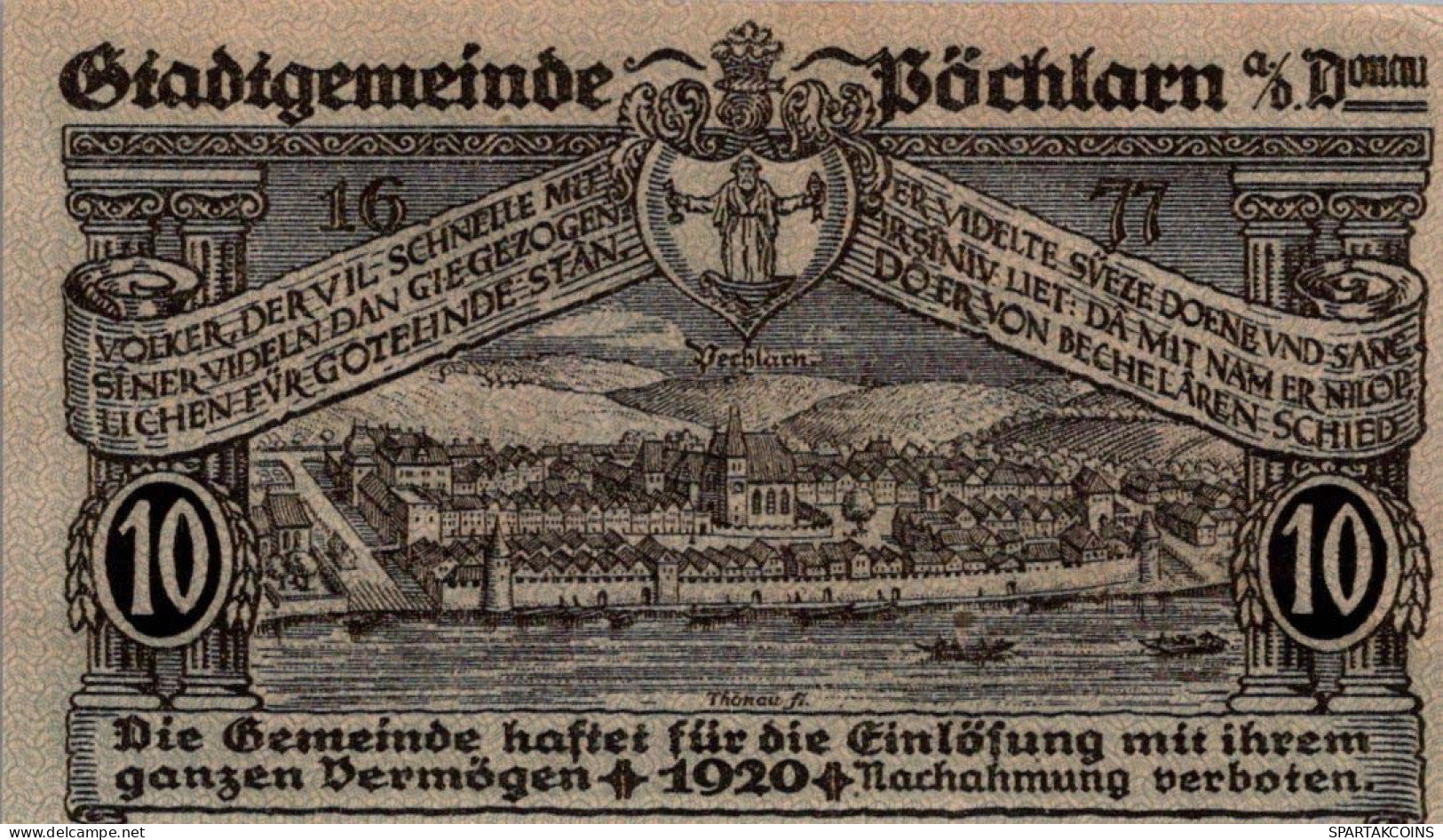 10 HELLER 1920 Stadt PoCHLARN Niedrigeren Österreich Notgeld Banknote #PE284 - [11] Lokale Uitgaven