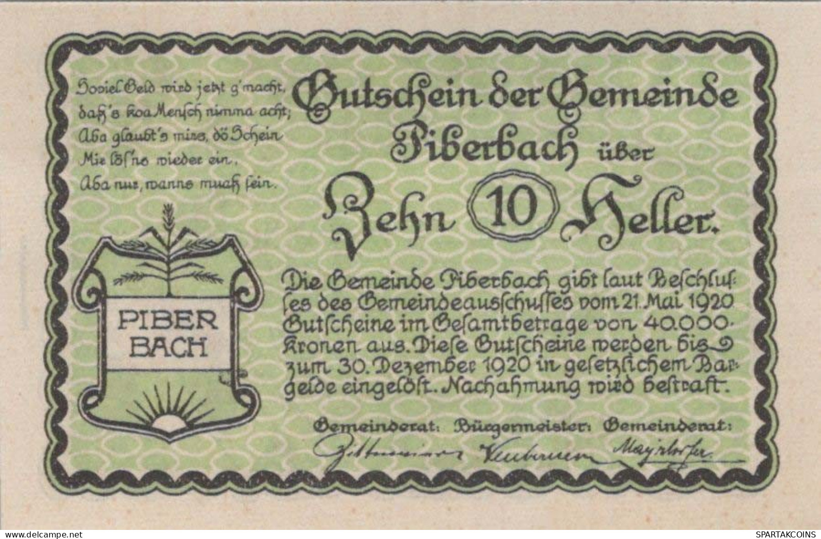 10 HELLER 1920 Stadt PIBERBACH Oberösterreich Österreich Notgeld Papiergeld Banknote #PG973 - [11] Emissions Locales