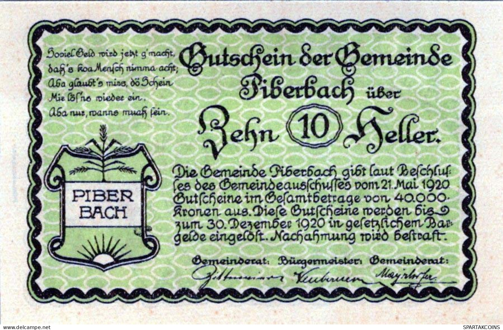 10 HELLER 1920 Stadt PIBERBACH Oberösterreich Österreich Notgeld Papiergeld Banknote #PG973 - [11] Local Banknote Issues