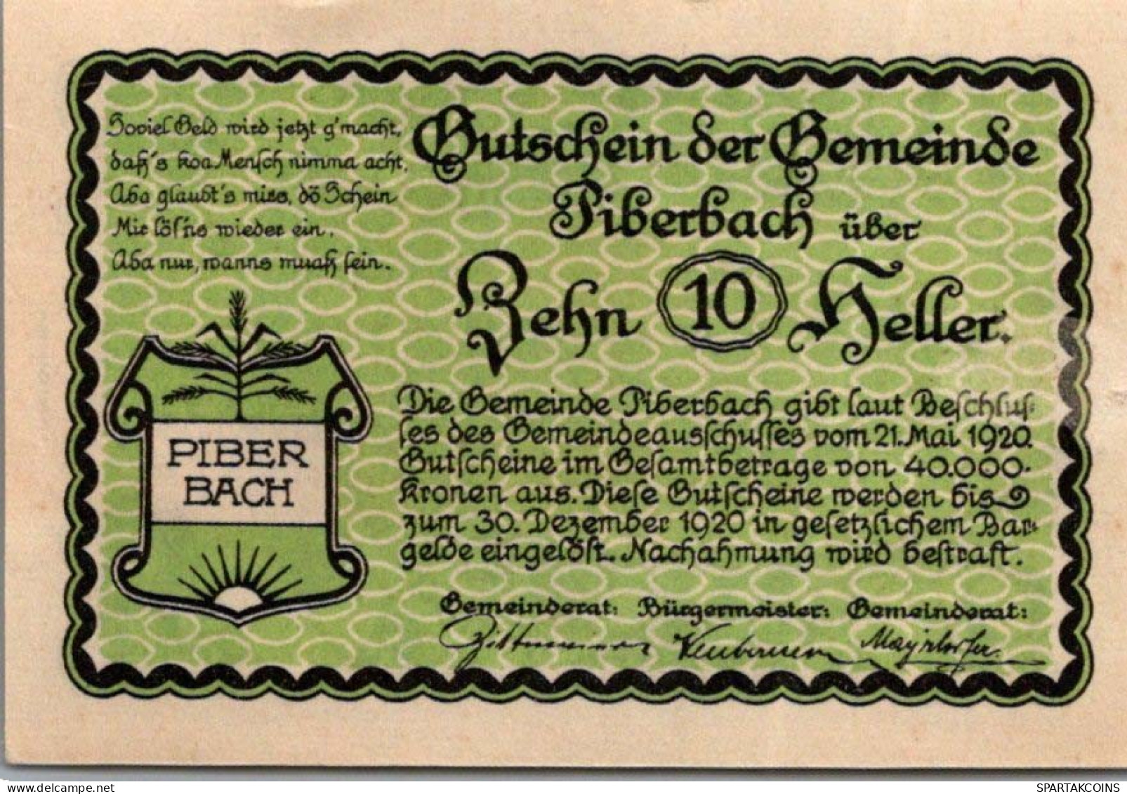 10 HELLER 1920 Stadt PIBERBACH Oberösterreich Österreich Notgeld Banknote #PI259 - [11] Lokale Uitgaven