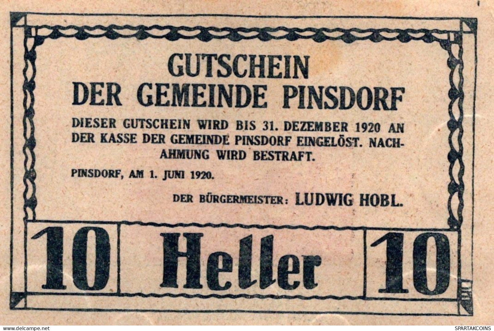 10 HELLER 1920 Stadt PINSDORF Oberösterreich Österreich Notgeld Banknote #PE268 - [11] Emissioni Locali