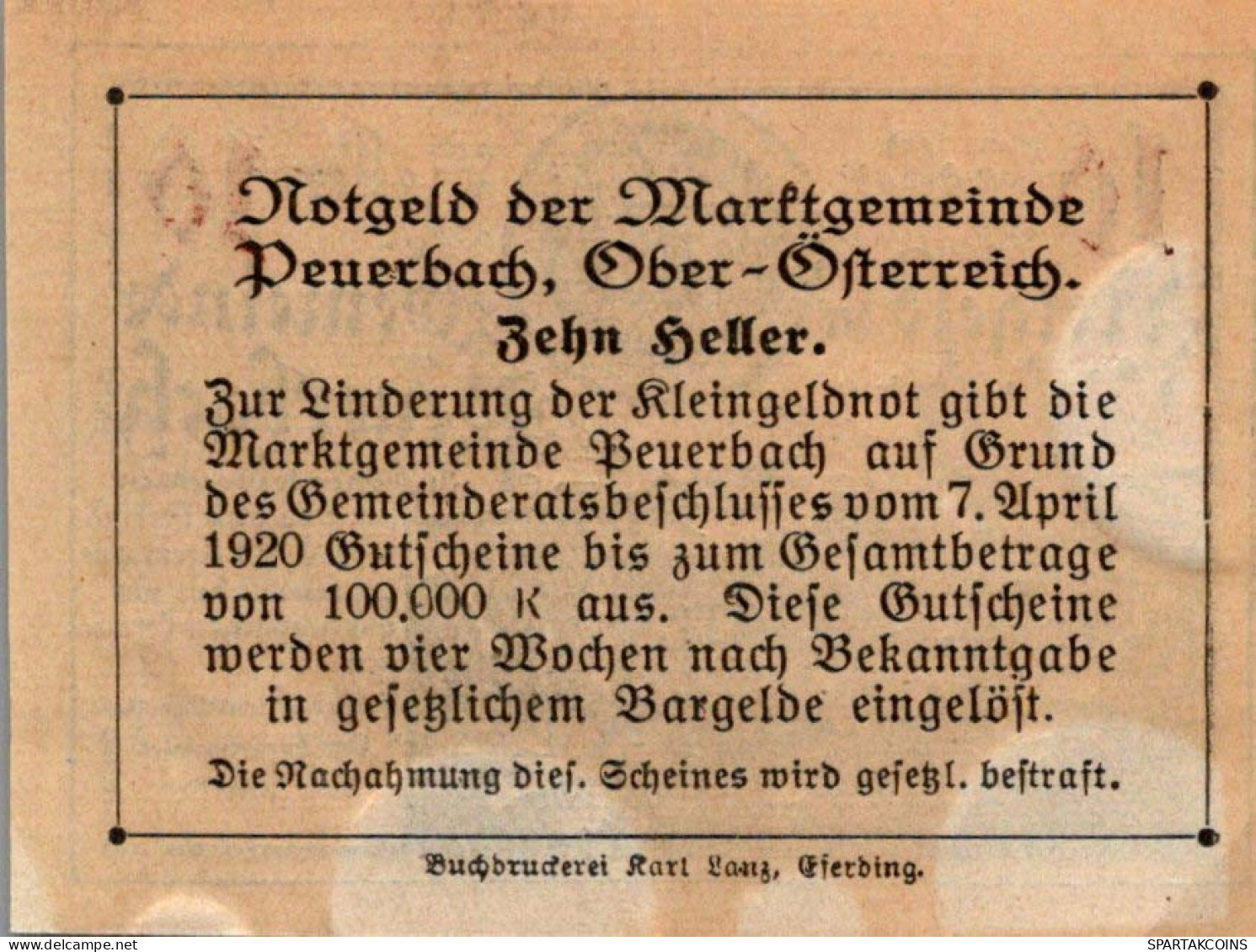 10 HELLER 1920 Stadt PEUERBACH Oberösterreich Österreich Notgeld Banknote #PE292 - [11] Local Banknote Issues