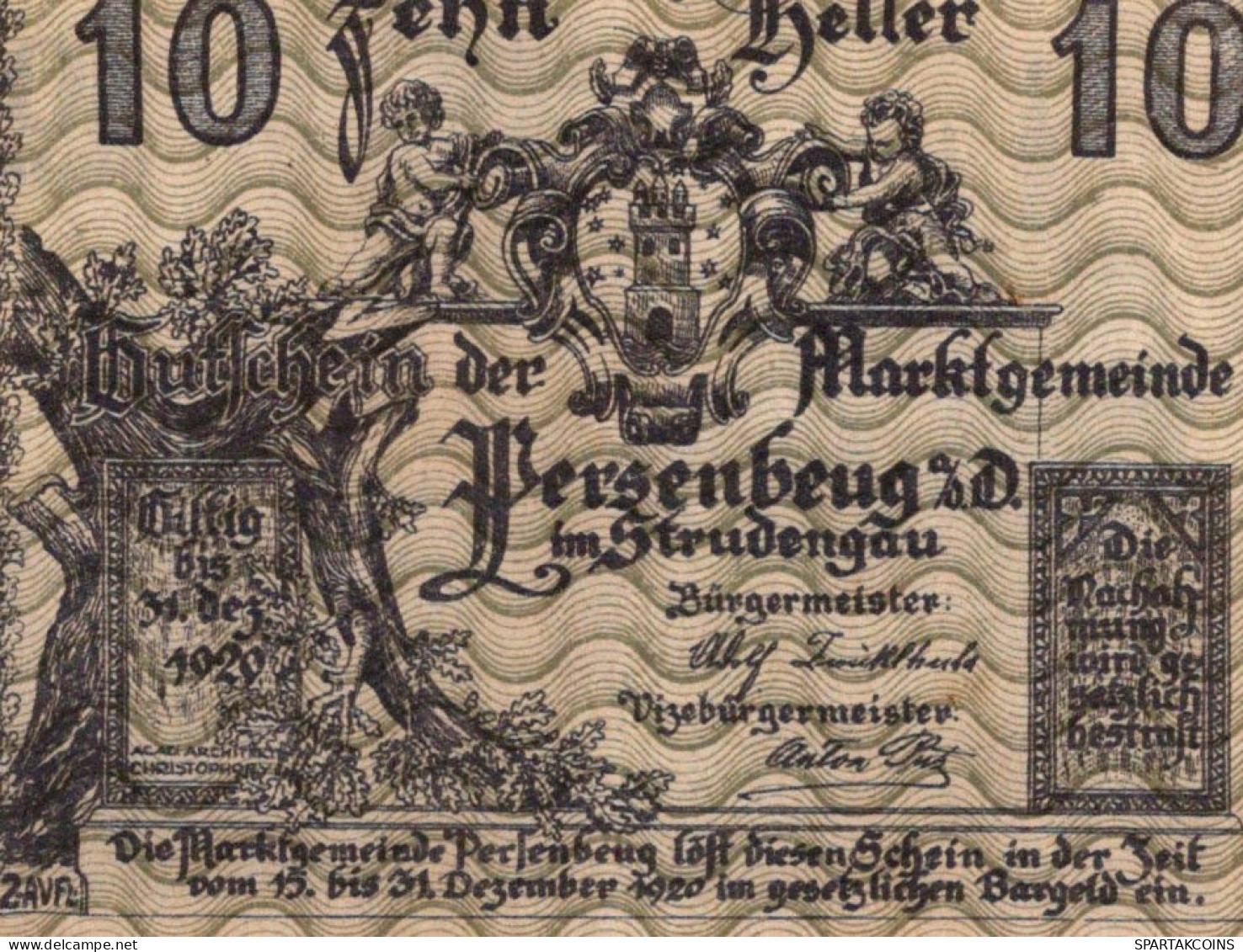 10 HELLER 1920 Stadt PERSENBEUG Niedrigeren Österreich Notgeld #PE515 - [11] Lokale Uitgaven