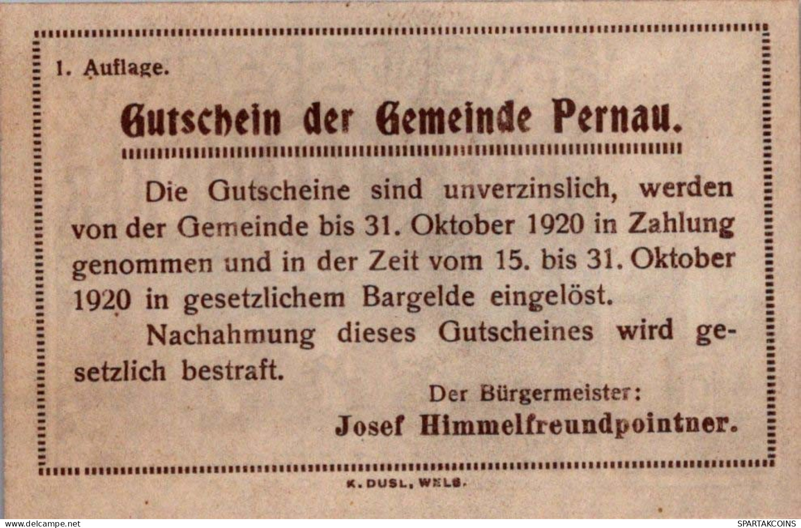 10 HELLER 1920 Stadt PERNAU Oberösterreich Österreich Notgeld Papiergeld Banknote #PG658 - [11] Emissions Locales