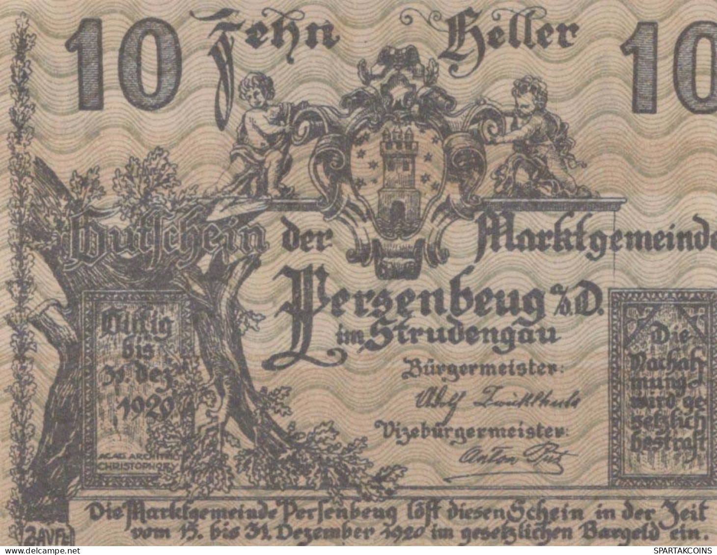 10 HELLER 1920 Stadt PERSENBEUG Niedrigeren Österreich Notgeld Papiergeld Banknote #PG781 - [11] Local Banknote Issues