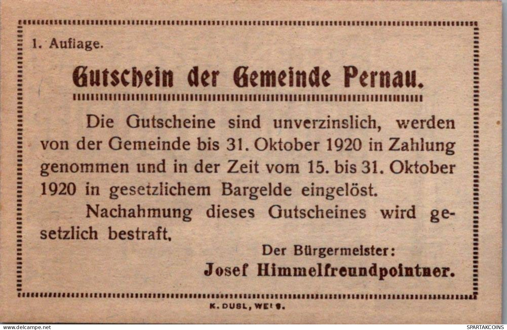 10 HELLER 1920 Stadt PERNAU Oberösterreich Österreich Notgeld Banknote #PF755 - [11] Local Banknote Issues