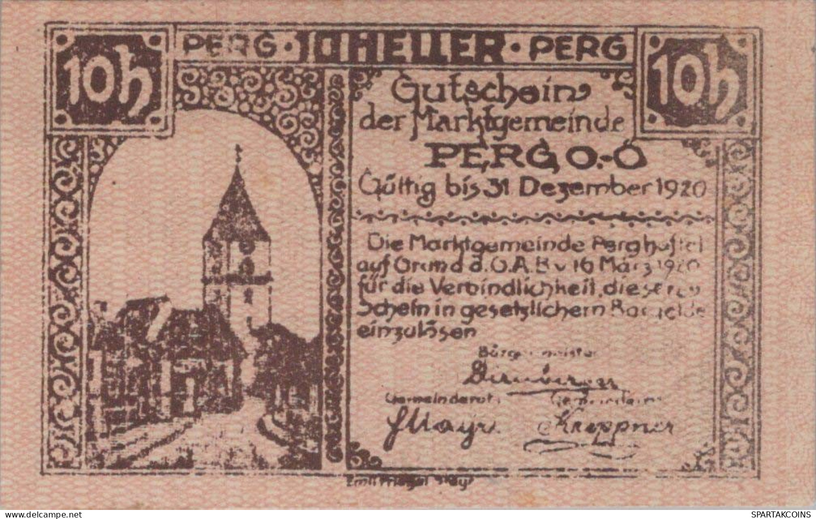 10 HELLER 1920 Stadt PERG Oberösterreich Österreich Notgeld Banknote #PE372 - [11] Emissions Locales