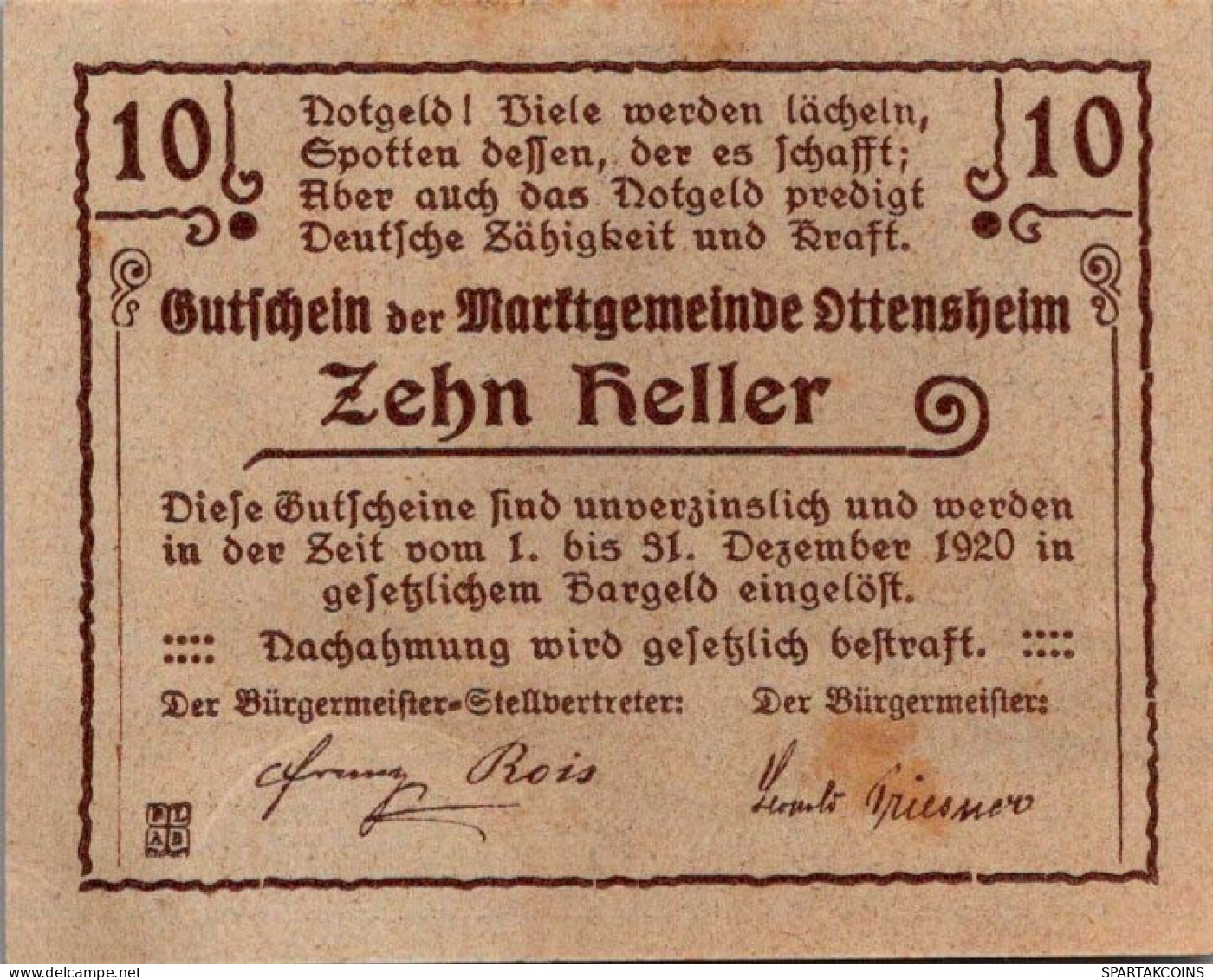 10 HELLER 1920 Stadt OTTENSHEIM Oberösterreich Österreich Notgeld #PE473 - Lokale Ausgaben