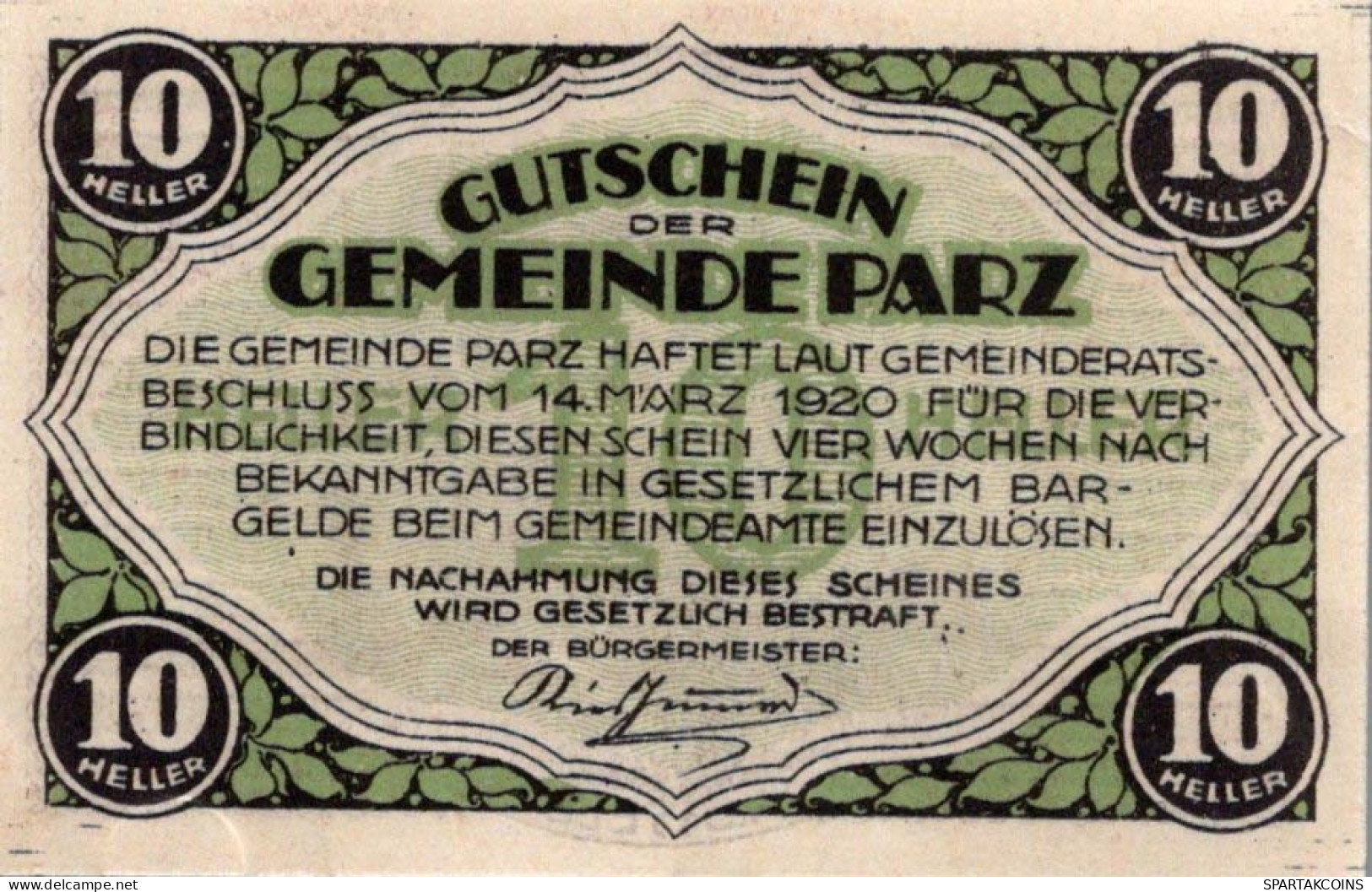 10 HELLER 1920 Stadt PARZ Oberösterreich Österreich Notgeld Banknote #PE308 - [11] Local Banknote Issues