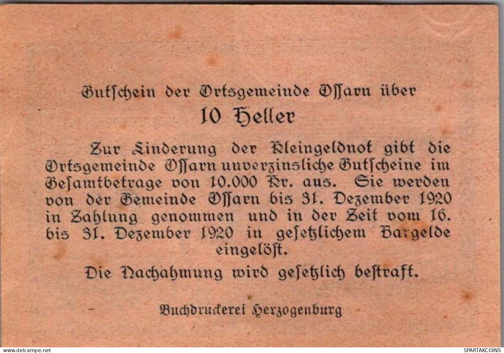 10 HELLER 1920 Stadt OSSARN Niedrigeren Österreich Notgeld Banknote #PE486 - [11] Local Banknote Issues