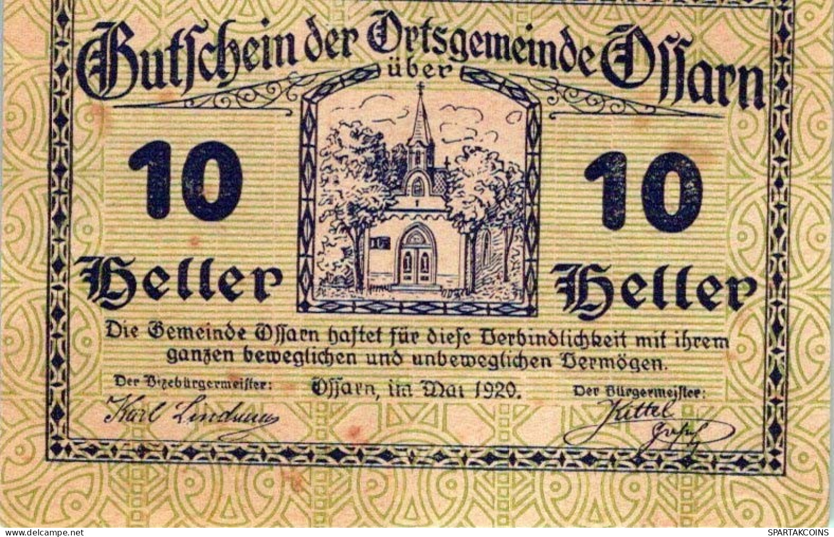 10 HELLER 1920 Stadt OSSARN Niedrigeren Österreich Notgeld Banknote #PE486 - [11] Local Banknote Issues