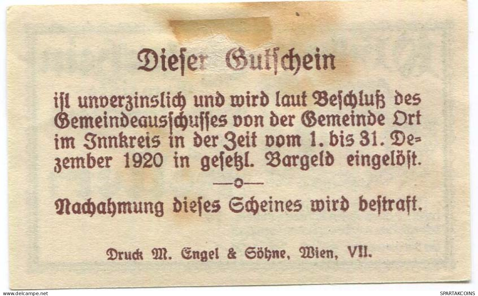 10 HELLER 1920 Stadt ORT IM INNKREIS Oberösterreich Österreich Notgeld Papiergeld Banknote #PL743 - [11] Emissioni Locali