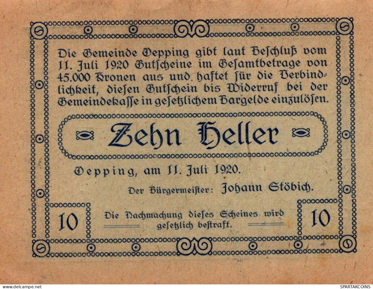 10 HELLER 1920 Stadt OPPING Oberösterreich Österreich Notgeld Banknote #PF745 - [11] Lokale Uitgaven