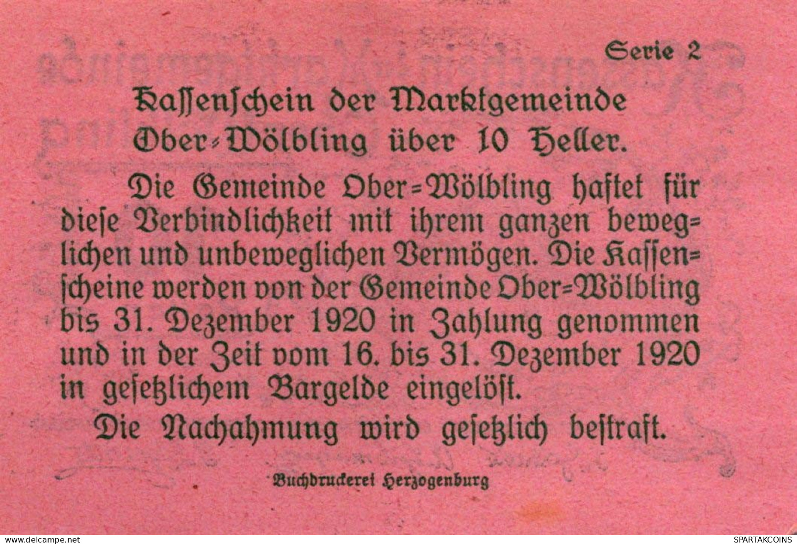 10 HELLER 1920 Stadt OBER-WoLBLING Niedrigeren Österreich Notgeld #PE508 - Lokale Ausgaben