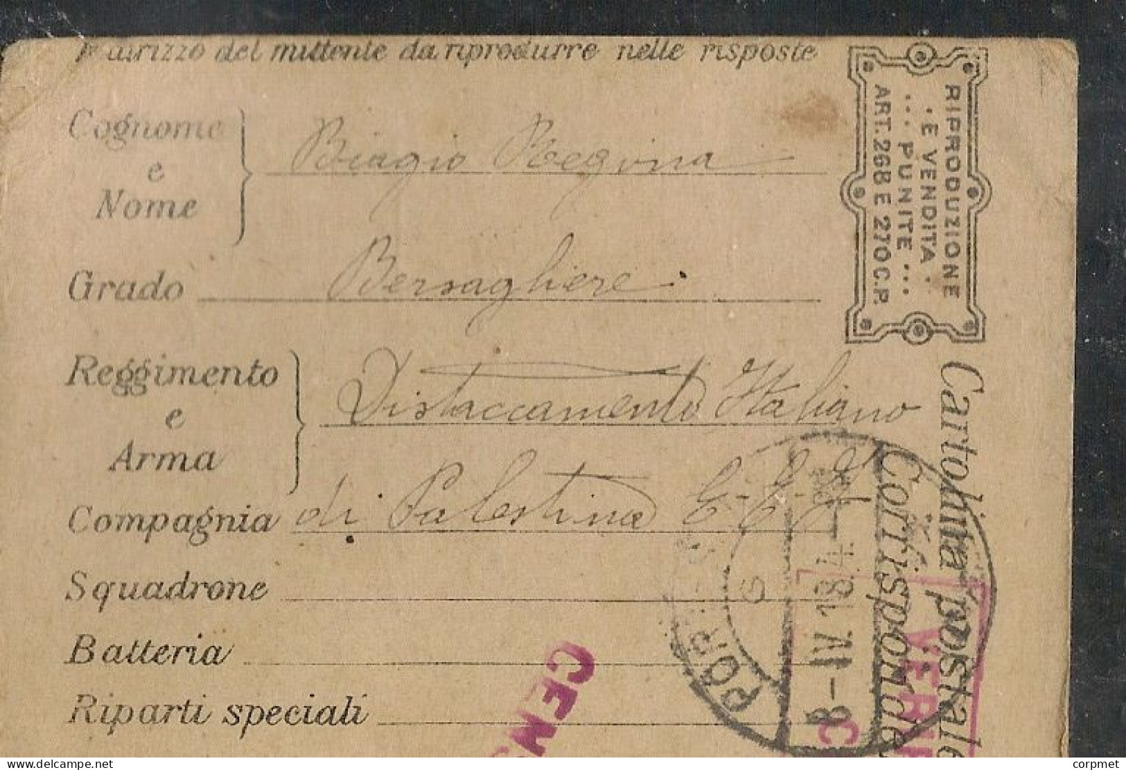 ITALIA 1918 Cartolina In Franchigia Da DISTACCAMENTO ITALIANO DI PALESTINA  A PORT SAID -  EGITTO - Doppia Censura - Franchise