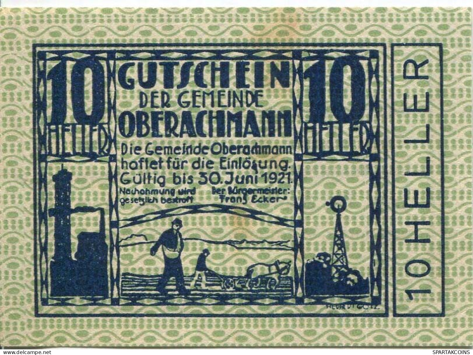 10 HELLER 1920 Stadt OBERACHMANN Oberösterreich Österreich Notgeld Papiergeld Banknote #PL797 - [11] Lokale Uitgaven