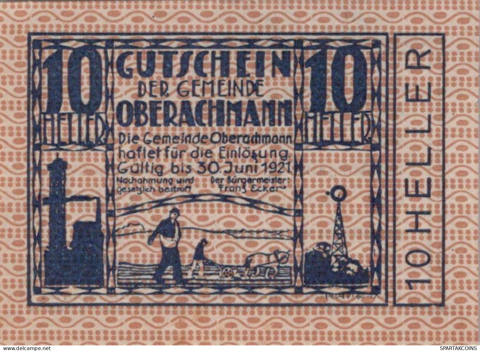 10 HELLER 1920 Stadt OBERACHMANN Oberösterreich Österreich Notgeld #PE476 - [11] Local Banknote Issues