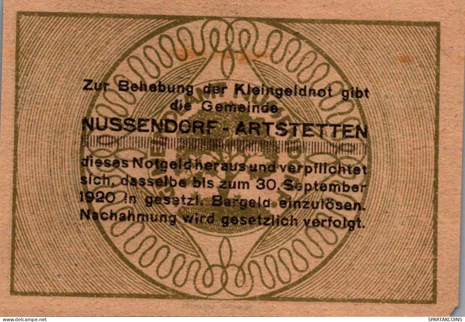 10 HELLER 1920 Stadt NUSSENDORF-ARTSTETTEN Niedrigeren Österreich Notgeld Papiergeld Banknote #PG964 - [11] Emissions Locales