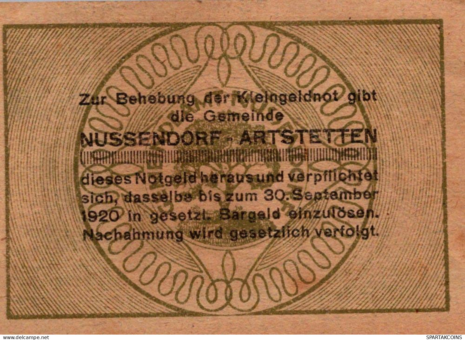 10 HELLER 1920 Stadt NUSSENDORF-ARTSTETTEN Niedrigeren Österreich #PE204 - [11] Local Banknote Issues