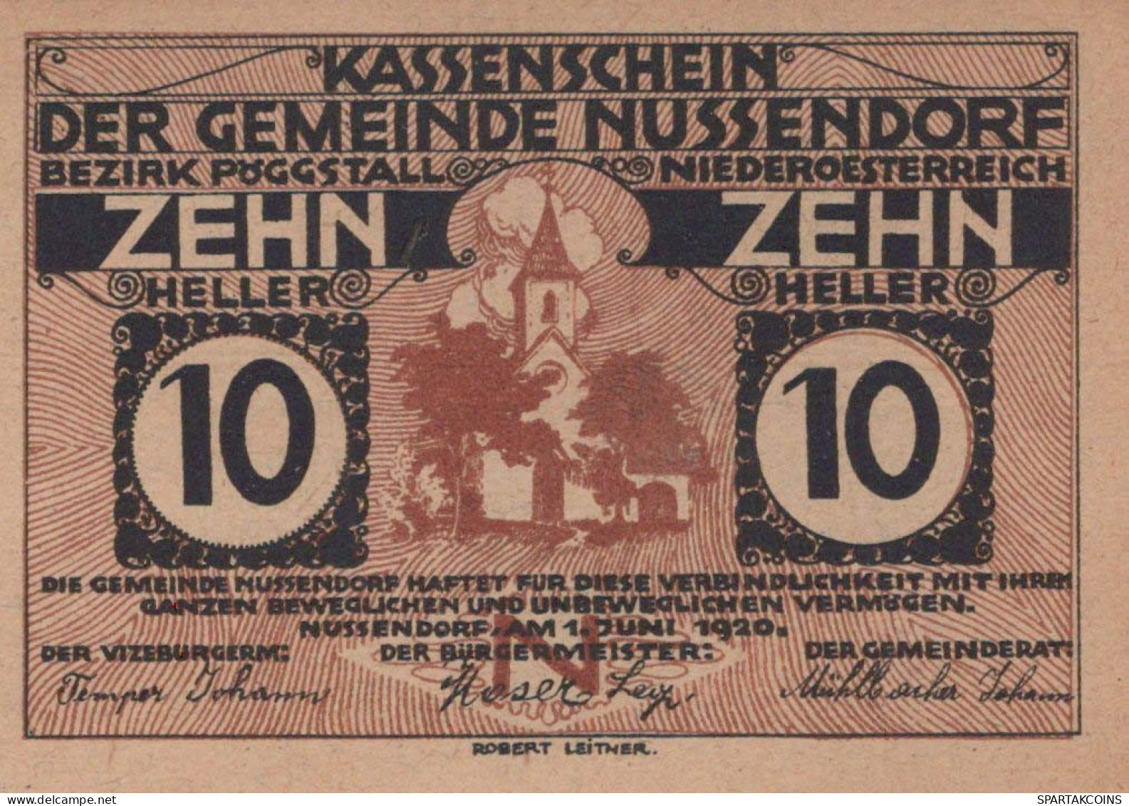 10 HELLER 1920 Stadt NUSSENDORF-ARTSTETTEN Niedrigeren Österreich Notgeld Papiergeld Banknote #PG639 - Lokale Ausgaben