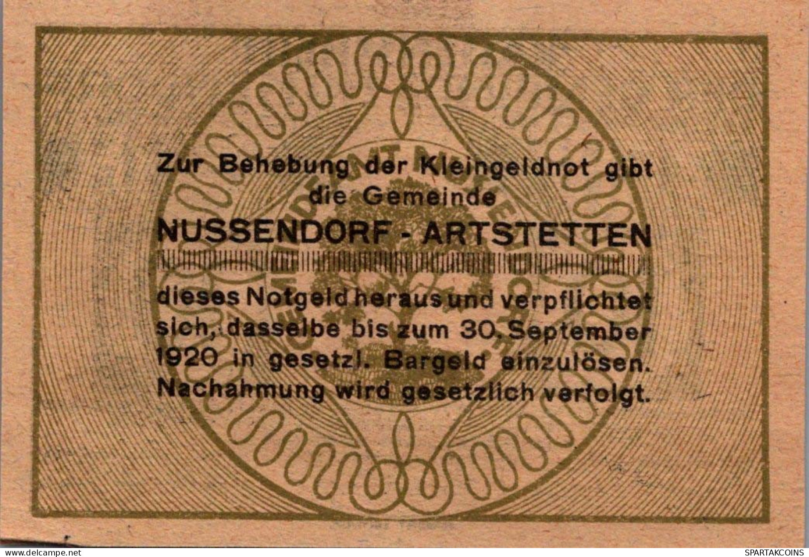 10 HELLER 1920 Stadt NUSSENDORF-ARTSTETTEN Niedrigeren Österreich #PE442 - [11] Local Banknote Issues