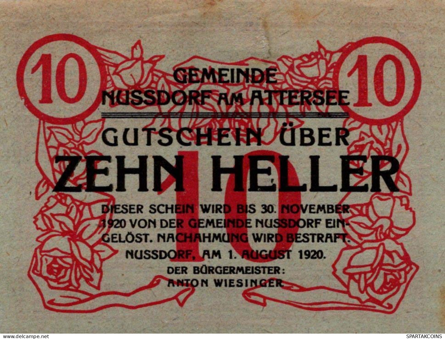 10 HELLER 1920 Stadt NUSSDORF AM ATTERSEE Oberösterreich Österreich #PI330 - [11] Emissions Locales