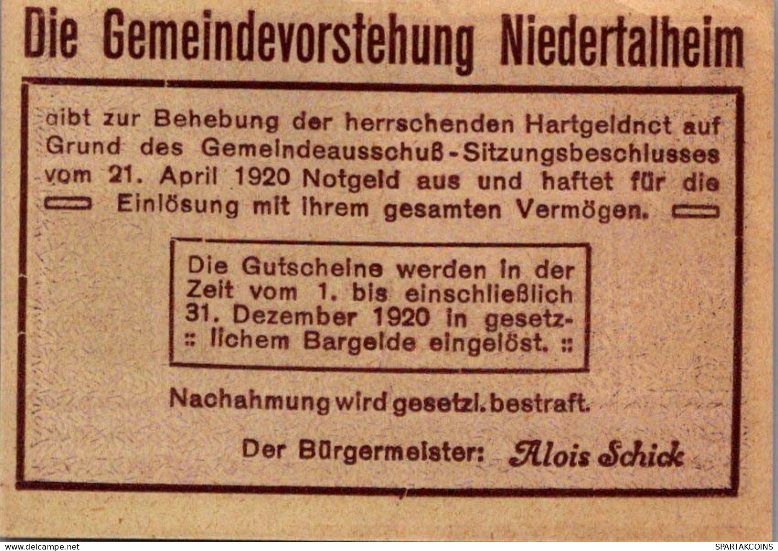 10 HELLER 1920 Stadt NIEDERTALHEIM Oberösterreich Österreich Notgeld #PJ246 - [11] Emissions Locales