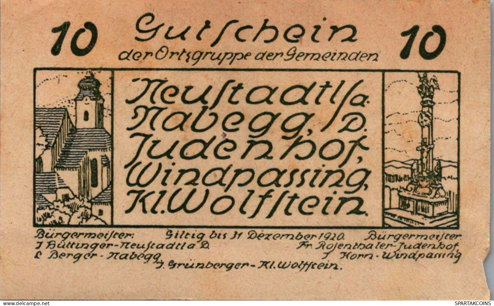 10 HELLER 1920 Stadt NEUSTADTL AN DER DONAU NABEGG JUDENHOF Österreich #PE240 - [11] Emissioni Locali