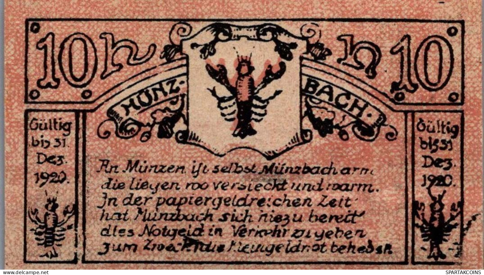 10 HELLER 1920 Stadt MÜNZBACH Oberösterreich Österreich Notgeld Banknote #PD866 - Lokale Ausgaben
