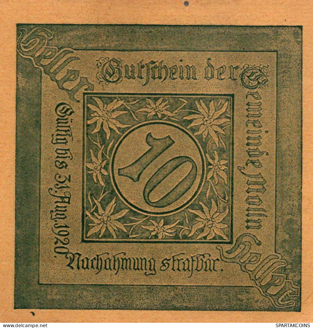 10 HELLER 1920 Stadt MOLLN Oberösterreich Österreich Notgeld Banknote #PD820 - Lokale Ausgaben