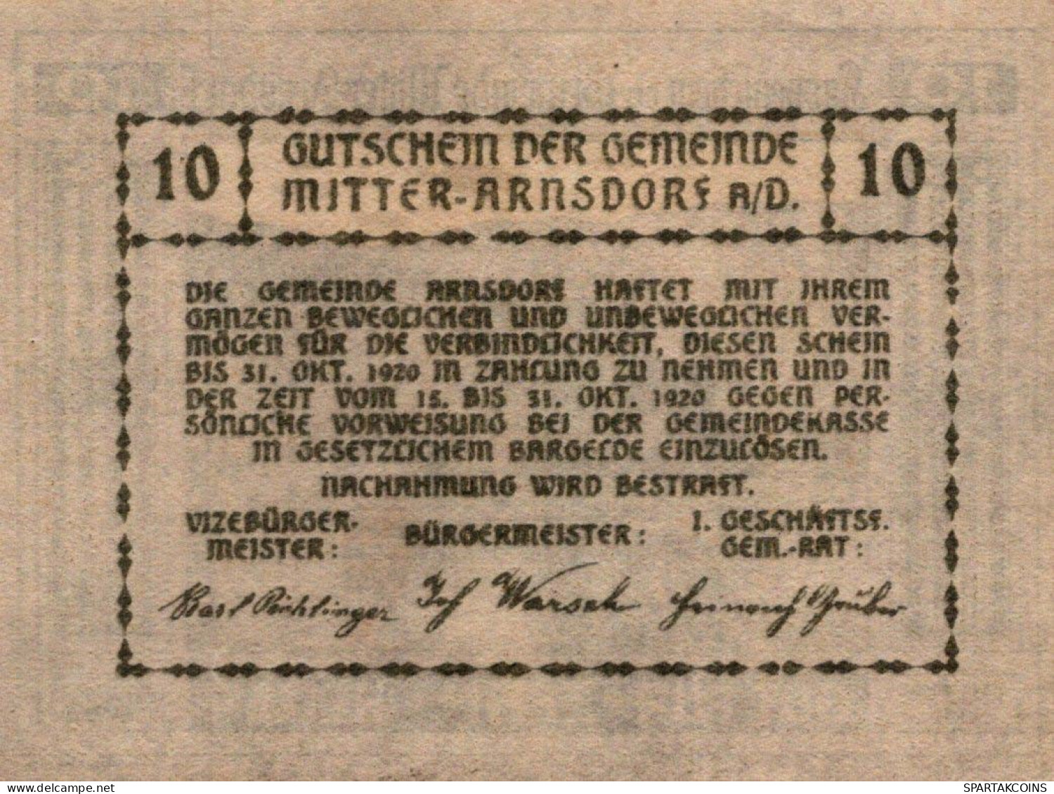 10 HELLER 1920 Stadt MITTER-ARNSDORF Niedrigeren Österreich Notgeld Papiergeld Banknote #PG952 - [11] Lokale Uitgaven