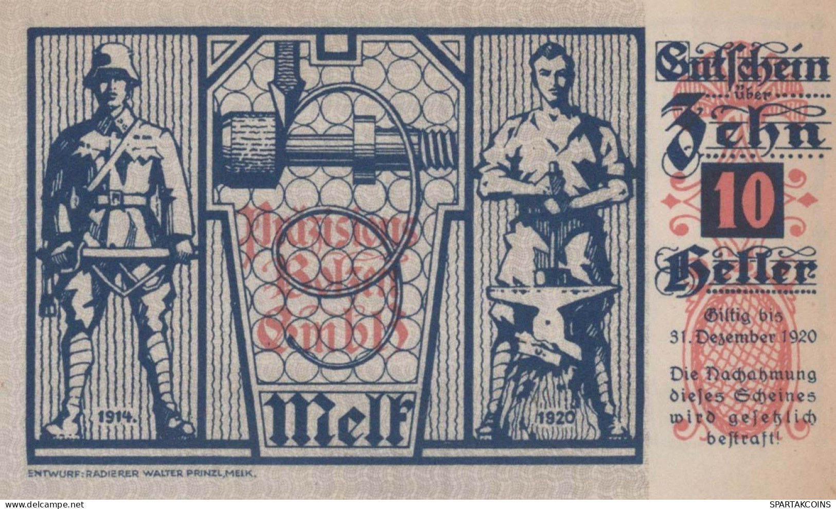 10 HELLER 1920 Stadt MELK Niedrigeren Österreich UNC Österreich Notgeld Banknote #PI106 - [11] Local Banknote Issues