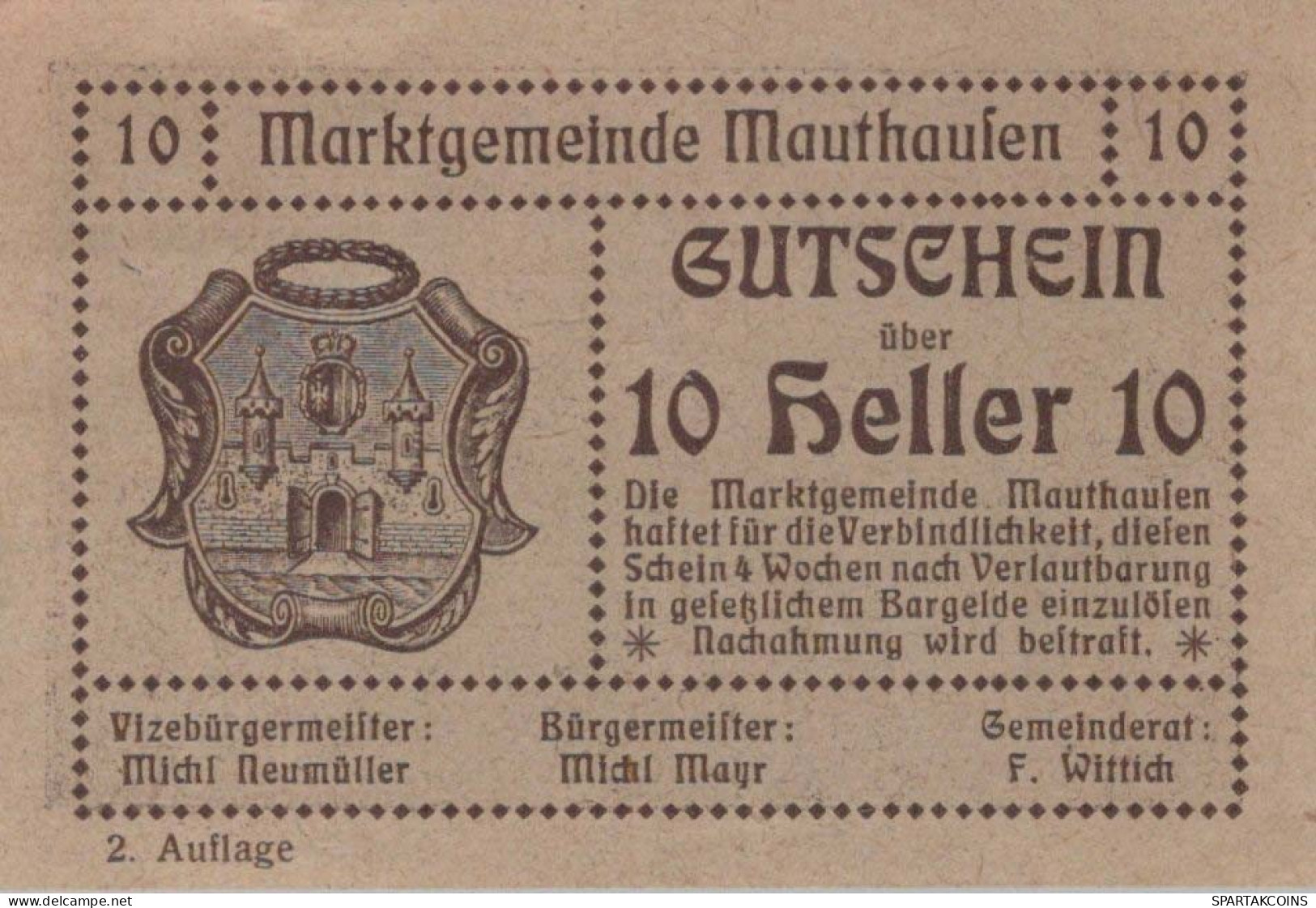 10 HELLER 1920 Stadt MAUTHAUSEN Oberösterreich Österreich Notgeld Papiergeld Banknote #PG949 - [11] Emissions Locales