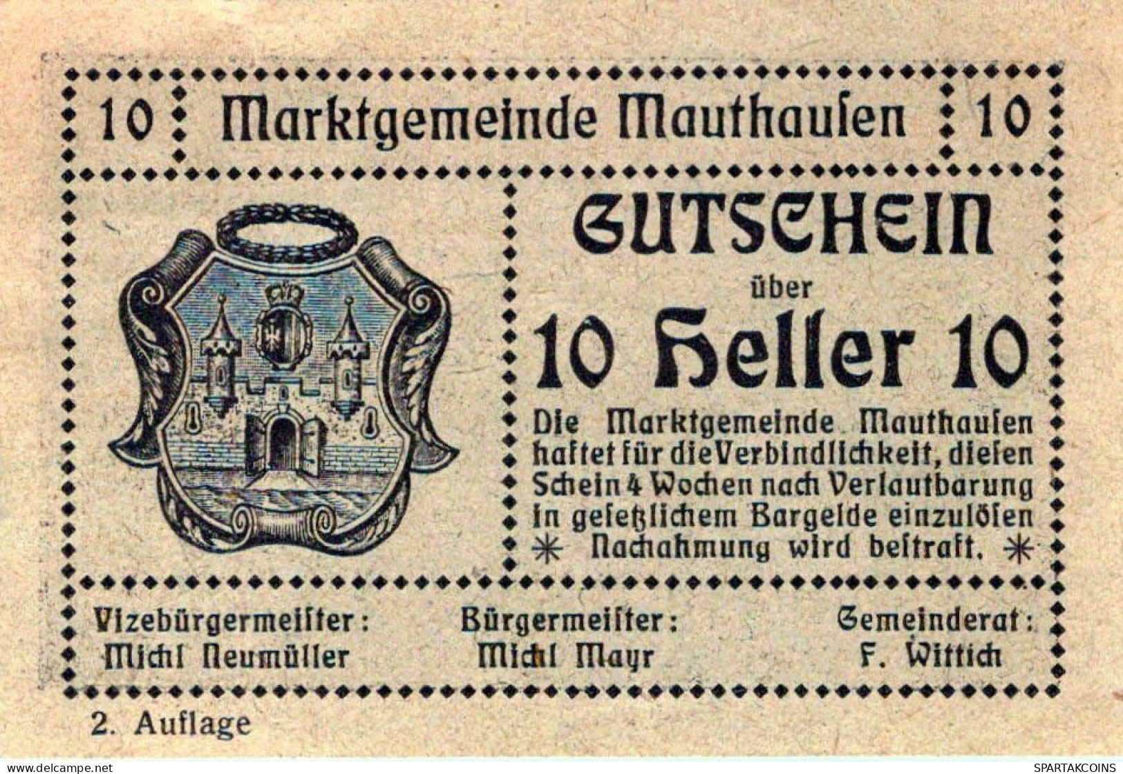 10 HELLER 1920 Stadt MAUTHAUSEN Oberösterreich Österreich Notgeld Papiergeld Banknote #PG949 - [11] Local Banknote Issues