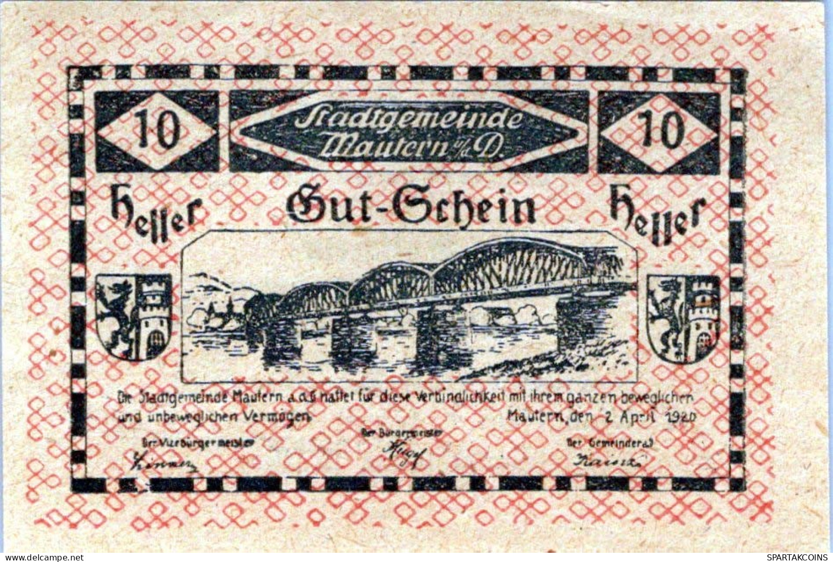 10 HELLER 1920 Stadt MAUTERN AN DER DONAU Niedrigeren Österreich #PD809 - [11] Emissions Locales