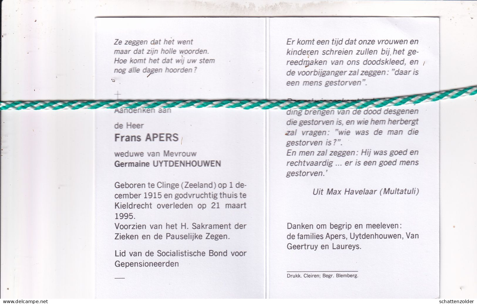 Frans Apers-Uytdenhouwen, Clinge (Zeeland) 1915, Kieldrecht 1995. Foto - Obituary Notices