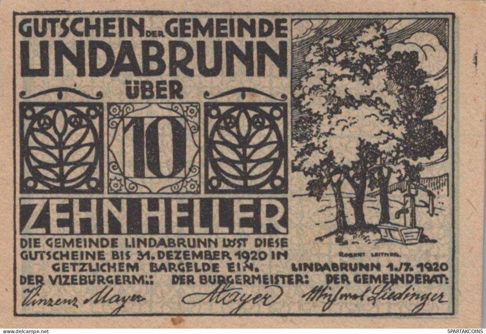 10 HELLER 1920 Stadt LINDABRUNN Niedrigeren Österreich Notgeld #PD792 - Lokale Ausgaben
