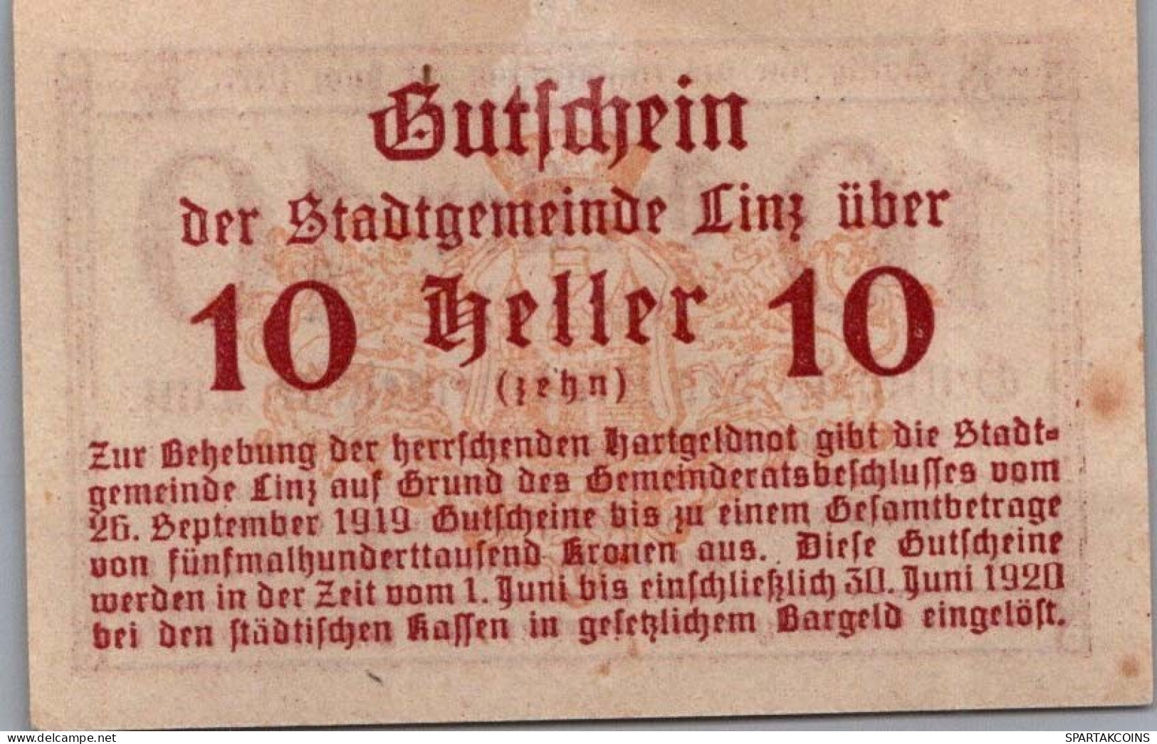 10 HELLER 1920 Stadt LINZ Oberösterreich Österreich Notgeld Banknote #PI430 - [11] Local Banknote Issues