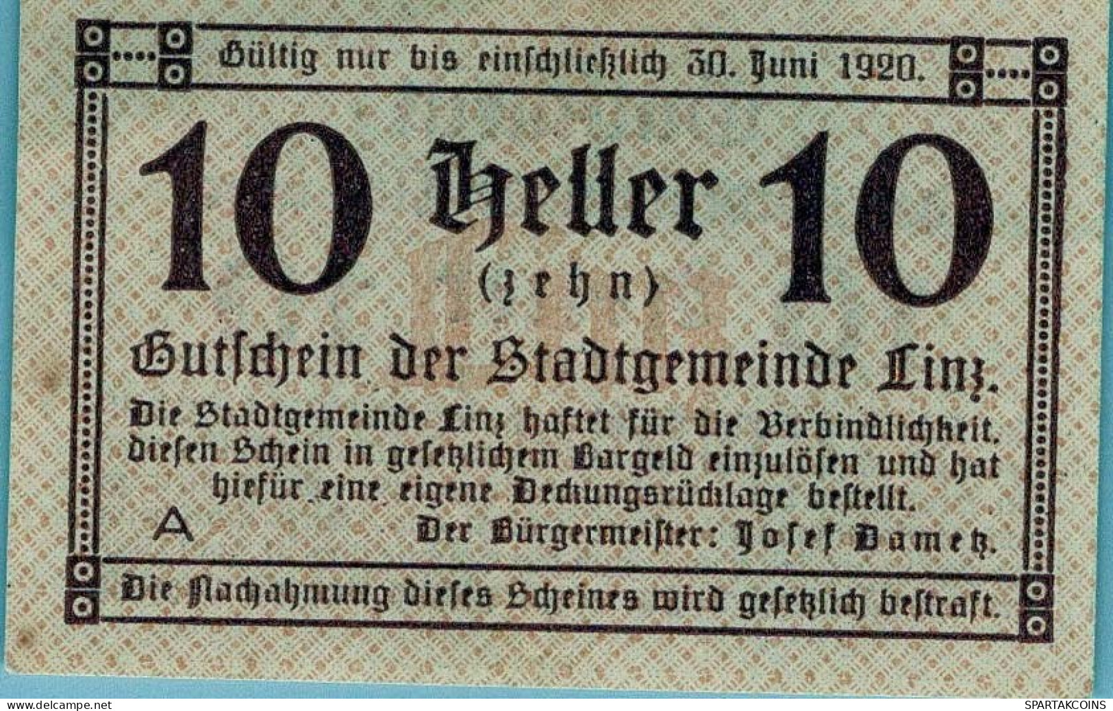 10 HELLER 1920 Stadt LINZ Oberösterreich Österreich Notgeld Banknote #PI430 - [11] Emissions Locales