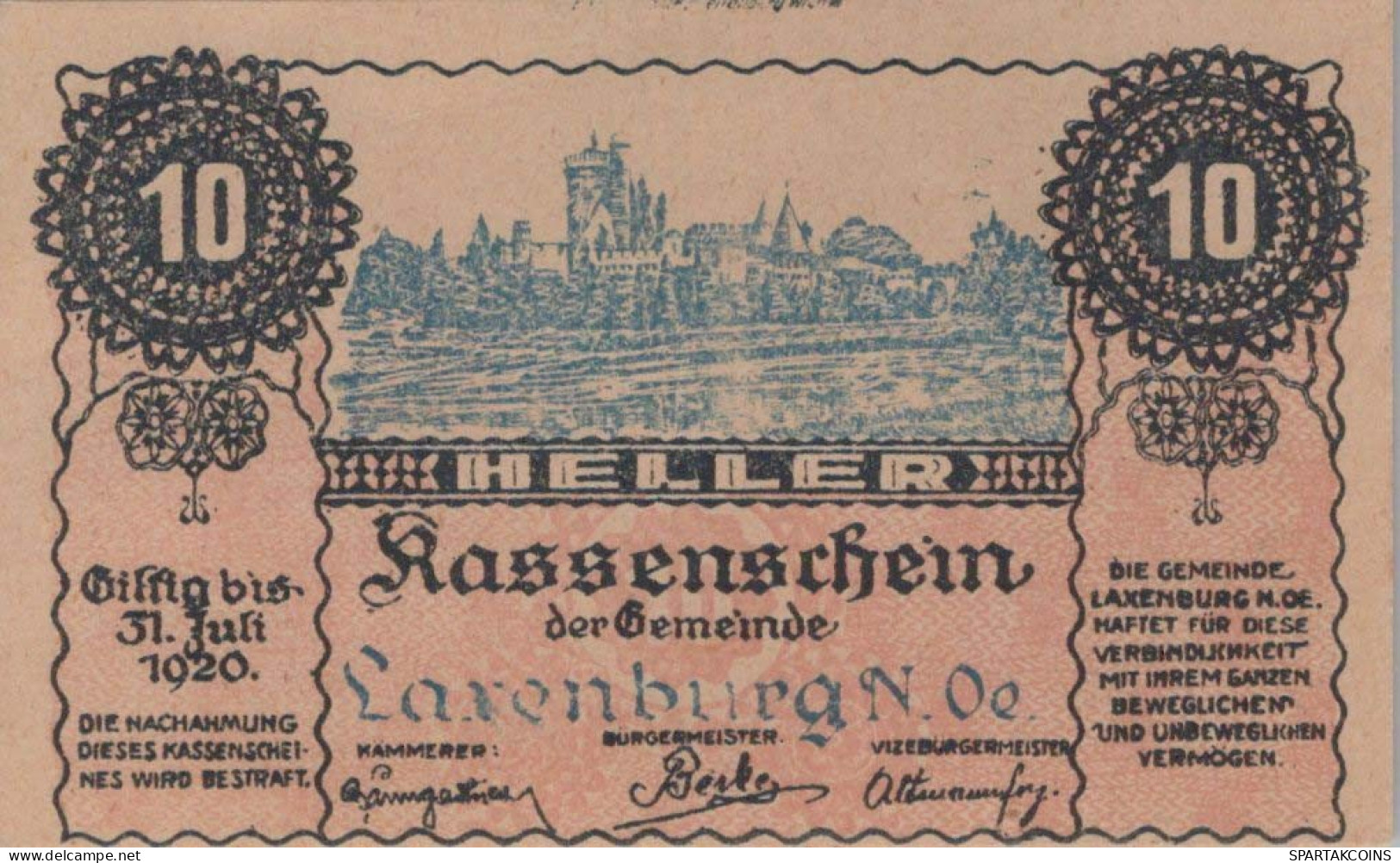 10 HELLER 1920 Stadt LAXENBURG Niedrigeren Österreich Notgeld Banknote #PD776 - [11] Emissioni Locali