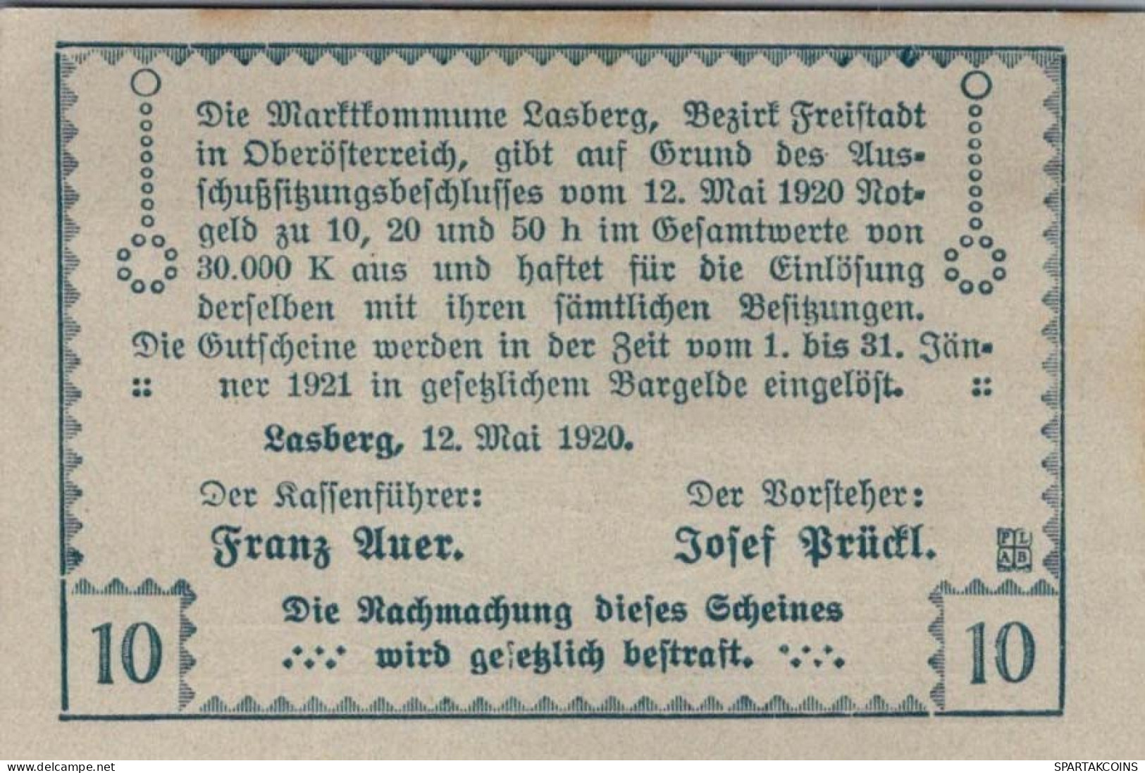 10 HELLER 1920 Stadt LASBERG Oberösterreich Österreich UNC Österreich Notgeld #PH386 - [11] Local Banknote Issues