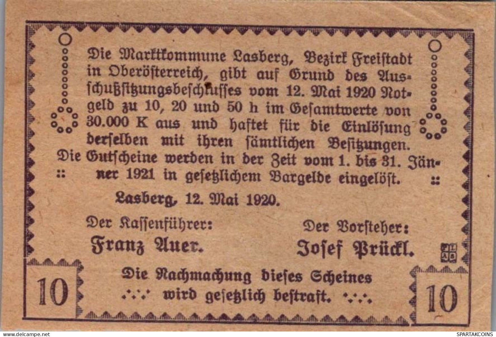 10 HELLER 1920 Stadt LASBERG Oberösterreich Österreich Notgeld Banknote #PD772 - Lokale Ausgaben