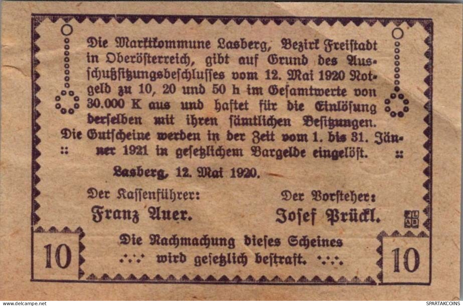 10 HELLER 1920 Stadt LASBERG Oberösterreich Österreich Notgeld Banknote #PD788 - [11] Local Banknote Issues