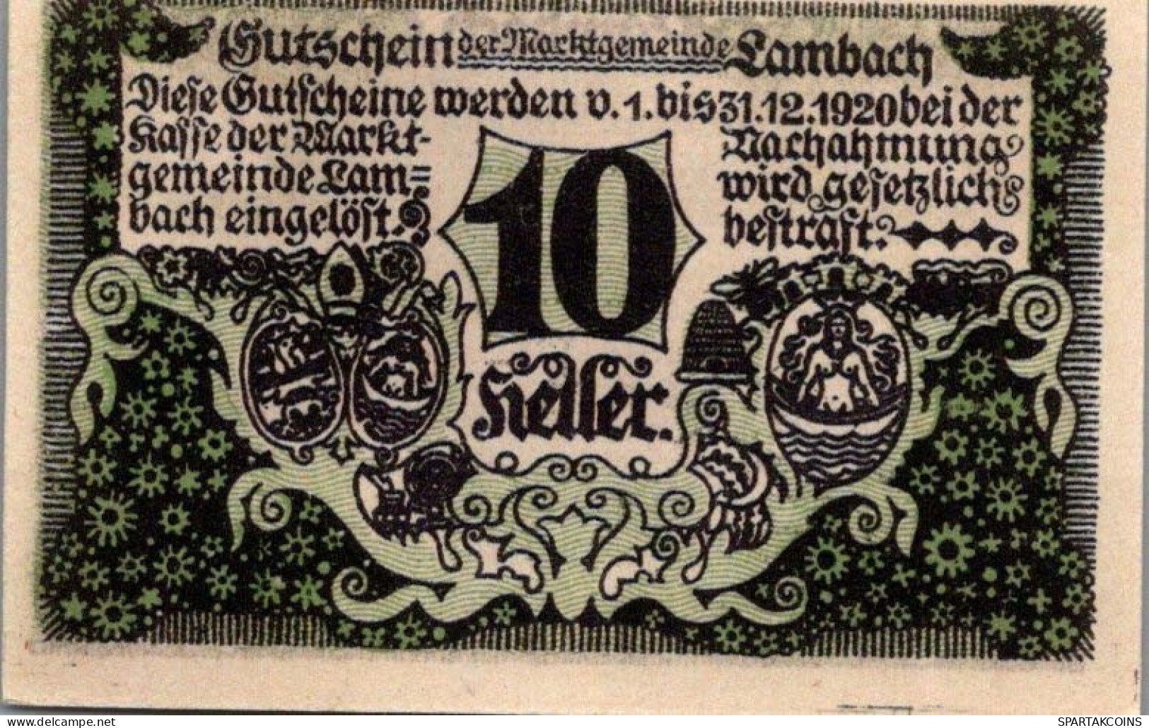 10 HELLER 1920 Stadt LAMBACH Oberösterreich Österreich Notgeld Papiergeld Banknote #PG897 - [11] Lokale Uitgaven