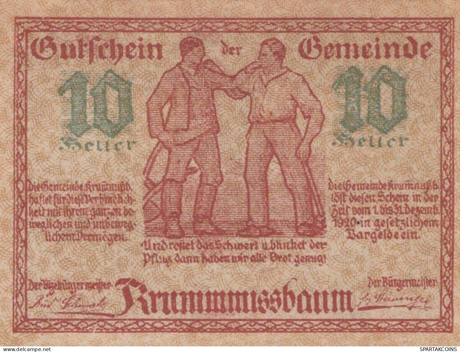 10 HELLER 1920 Stadt KRUMMNUSSBAUM Niedrigeren Österreich Notgeld #PI275 - Lokale Ausgaben
