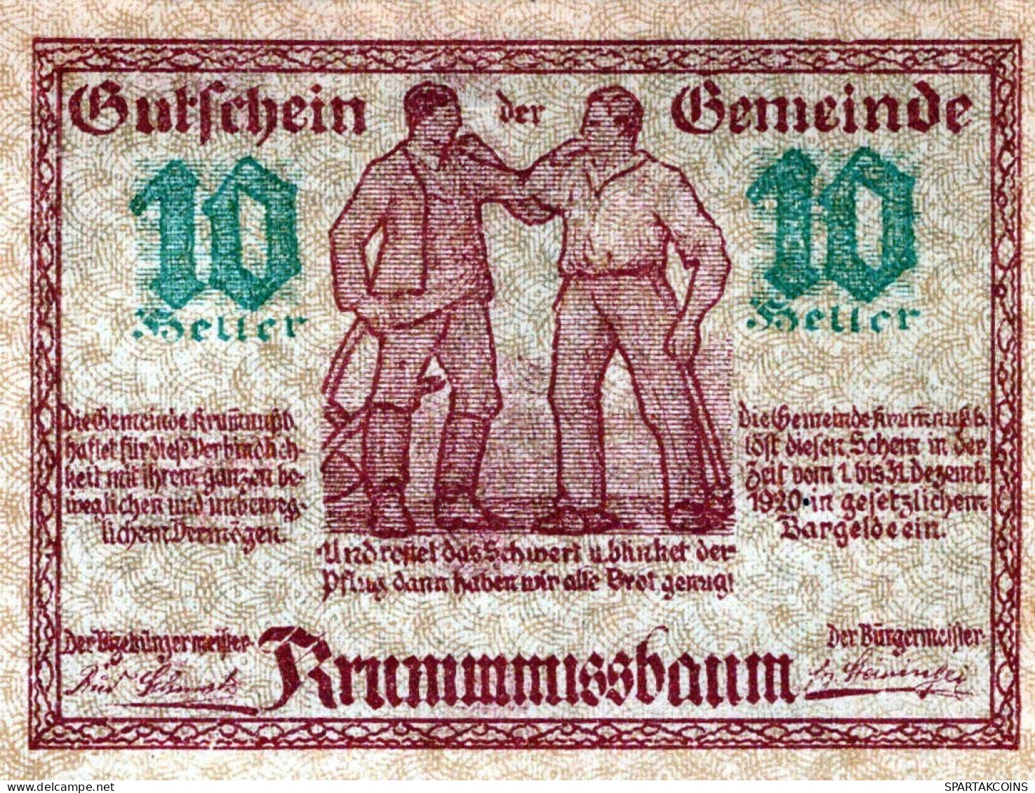 10 HELLER 1920 Stadt KRUMMNUSSBAUM Niedrigeren Österreich Notgeld #PI275 - [11] Local Banknote Issues
