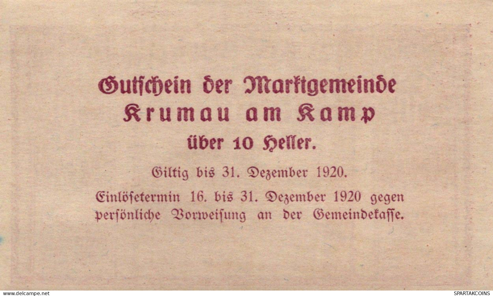 10 HELLER 1920 Stadt Krumau Am Kamp Niedrigeren Österreich Notgeld Papiergeld Banknote #PG917 - [11] Lokale Uitgaven